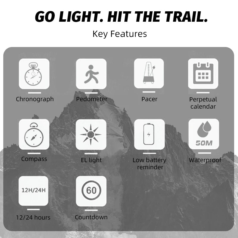 NORTH EDGE LITECORE Men's Digital Watch Sports Super Light Outdoor Compass Pedometer Waterproof 50M Electronics Wristwatch New