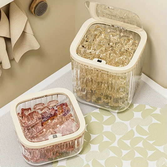 Clear Laundry Capsule Dispenser - Odorless plastic storage container for detergent and dryer sheets, flip-top organizer