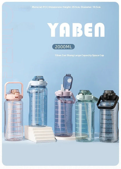 2L Water Bottle Portable Straw Plastic Water Cup for Outdoor Sports Fitness Adult High Value Big Fat Cup with Time Marker