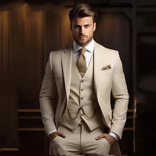Elegant Formal Men's Suits for Groom 3 Pieces Khaki Wedding Groom Tuxedo Slim Fit 2026 Male Fashion Suit Jacket with Pant Vest