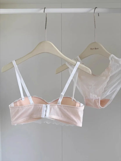 YEMOMO French Style Lace Half Cup Bra Set Wireless Push Up Boost Bust Lift Anti Sagging Elegant Comfortable Lingerie Set Ladies