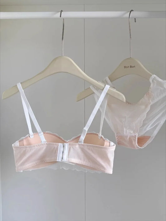 YEMOMO French Style Lace Half Cup Bra Set Wireless Push Up Boost Bust Lift Anti Sagging Elegant Comfortable Lingerie Set Ladies