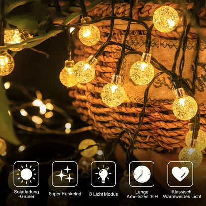 Waterproof Solar Crystal Ball String Lights 20/30/50/100 LEDs 8 Modes for Outdoor Garden Wedding Christmas Party Decoration