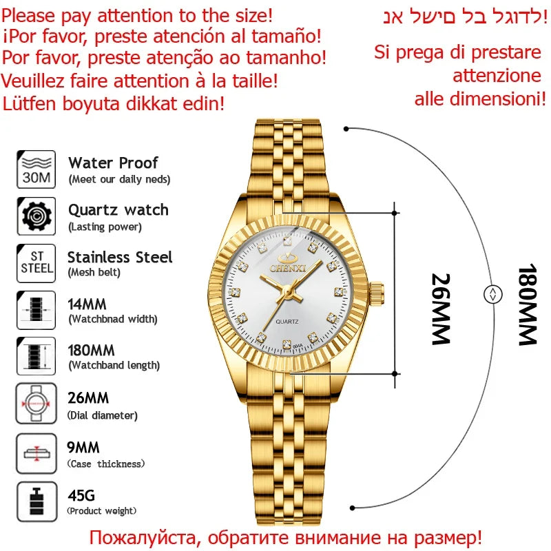 CHENXI Hot Sale Luxury Women's Golden Stainless Steel Small Dial Watch Quartz Charm Dress Trendy Wristwatch for Fashion Lady