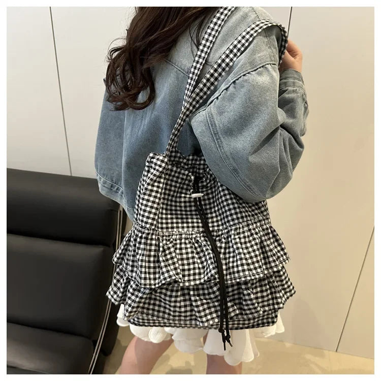 Cute Plaid Cotton Tote Bag Large Capaci Lace Trim Women's Summer 2026 Simple Lady Handbag Soft Shoulder Bags Bolsa Feminina