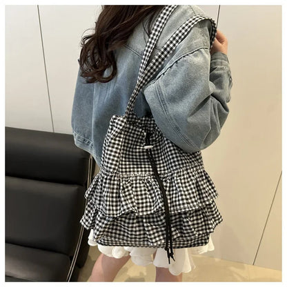 Cute Plaid Cotton Tote Bag Large Capaci Lace Trim Women's Summer 2026 Simple Lady Handbag Soft Shoulder Bags Bolsa Feminina