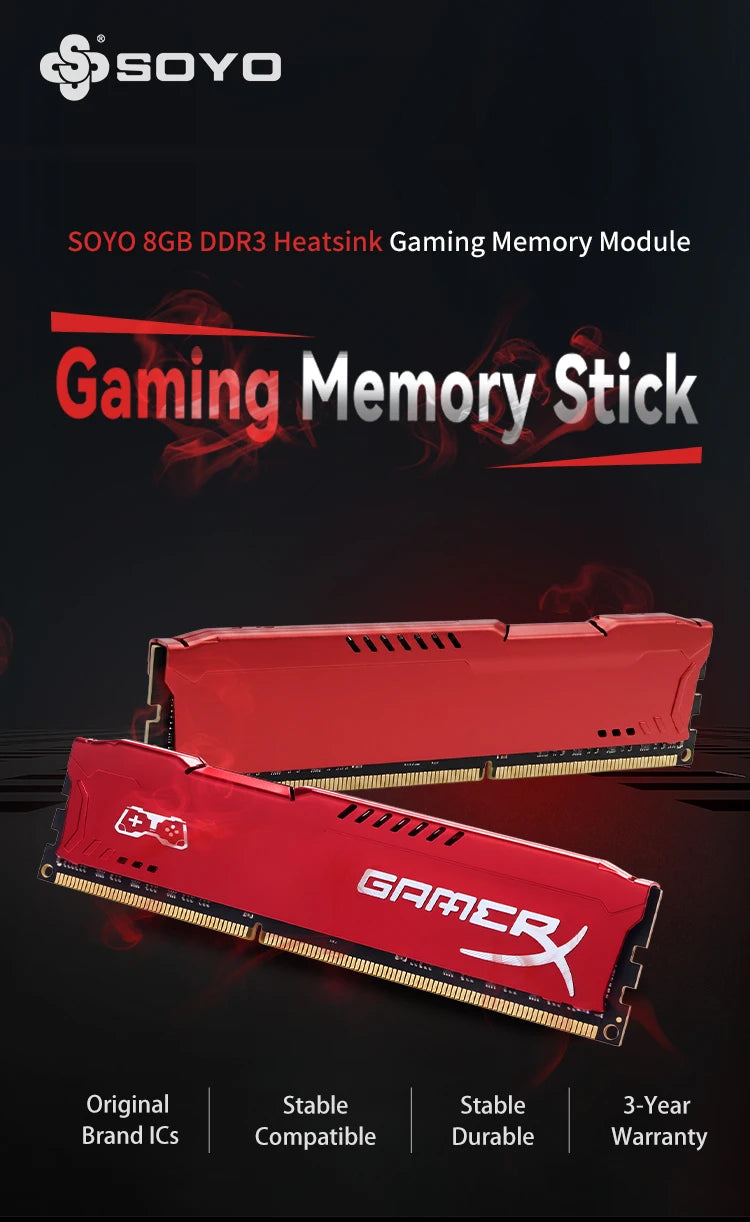 SOYO 8GB DDR3 1600MHZ memoria ram 240-Pin 1.5V for Desktop PC Memory RAM no ECC black white red intel AMD 64BIT