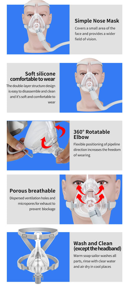 Yuwell YF-01 Cpap Masks Cpap Full Mask Sleep Apnea Mouth And Full Mask With Headgear For Cpap Bipap Machines For Sleep Apnea