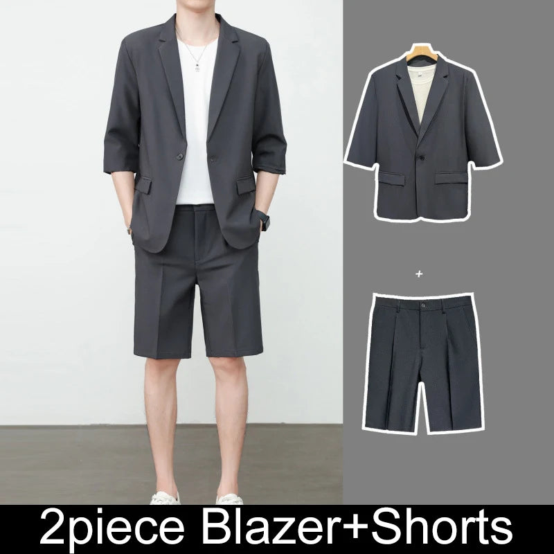KIDWHXR Summer Men Outfit Thin Breathable Solid Color Male 2-piece Suit Set Loose Business Casual Man Short Sleeve Suits