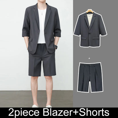 KIDWHXR Summer Men Outfit Thin Breathable Solid Color Male 2-piece Suit Set Loose Business Casual Man Short Sleeve Suits