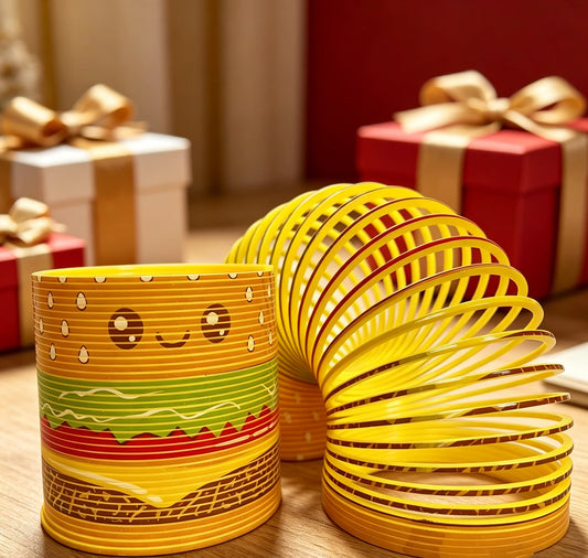 Cute Hamburger Pattern Mini Rainbow Slinky Toy Flexible Plastic Magic Spring Coil Fidget Toy for Kids 1/3/6Pcs Christmas Gift