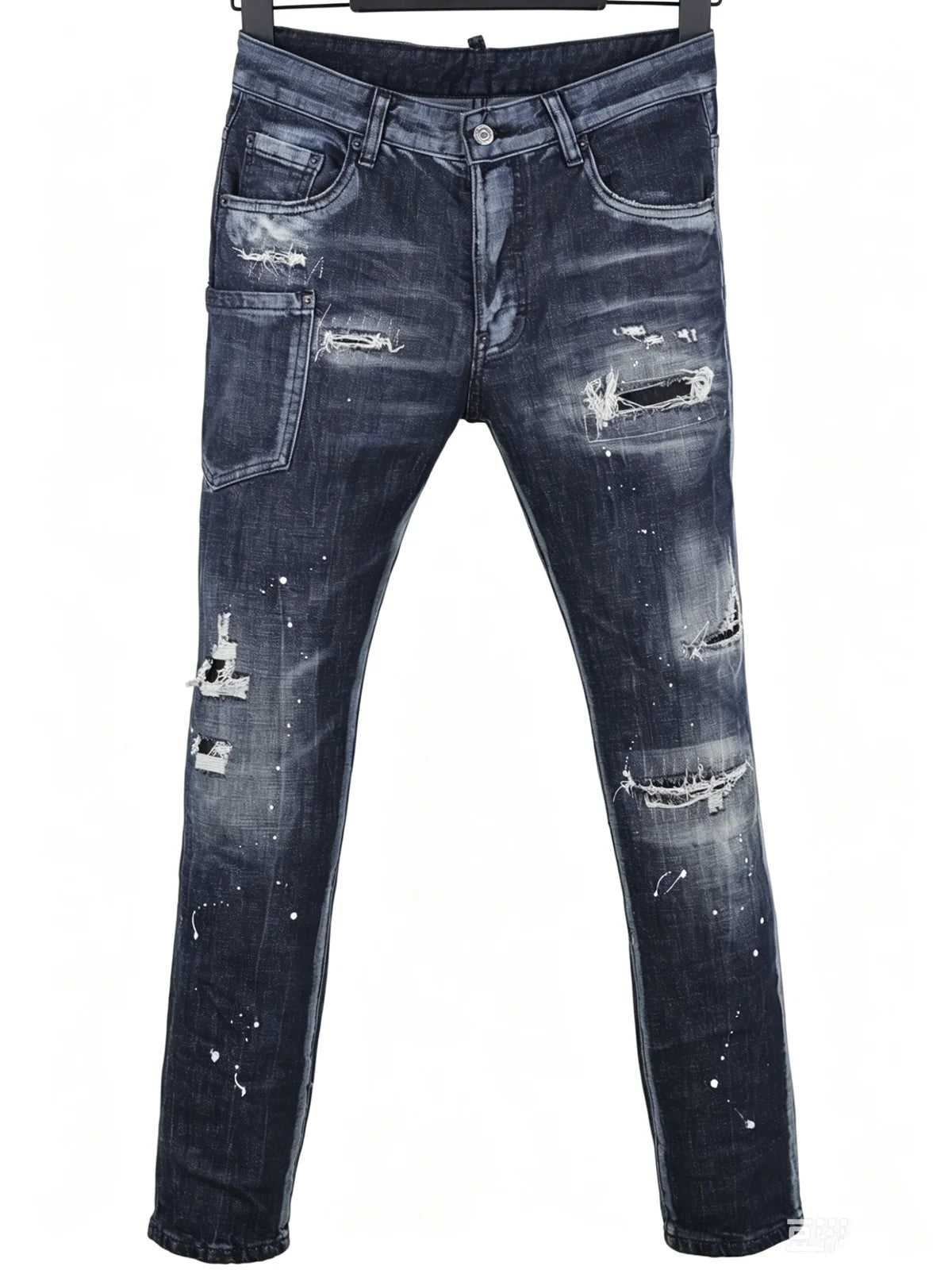 6060 Four Seasons New Men's Washed Ripped Patch Old Slim-fit Straight Black Jeans for Men