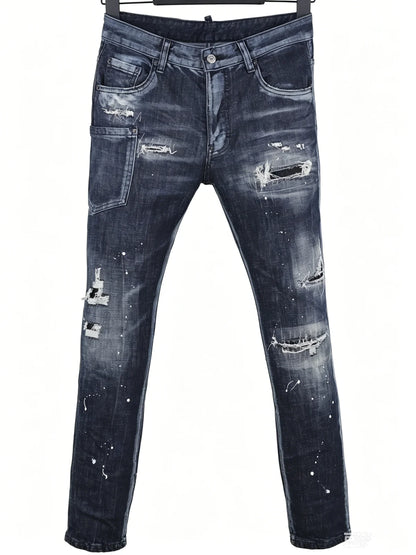 6060 Four Seasons New Men's Washed Ripped Patch Old Slim-fit Straight Black Jeans for Men