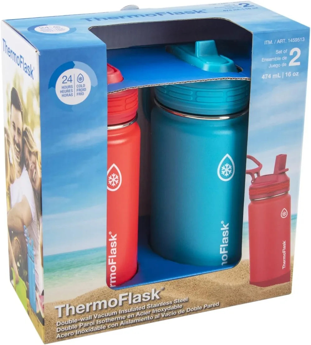 16 oz Insulated Water Bottles with Straw Lid, BPA-Free Stainless Steel, Leakproof & Spill-Proof, Easy Clean Wide Mouth 2-Pack for School, Sports, Playdates, Red/Blue
