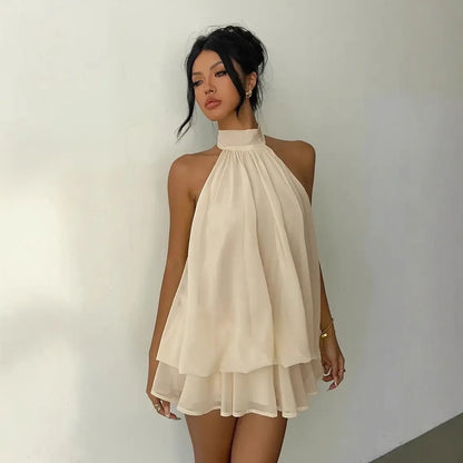 2026 Women's Elegant Halter Neck Sleeveless Ruffled Layered Chiffon Mini Dress Casual Summer Party Dress for Beach Vacation Y2K