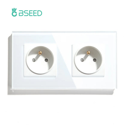 BSEED France Standard Single Wall French Socket Double Power Plug With White Black Gloden Crystal Glass Panel 16A 110V-250V
