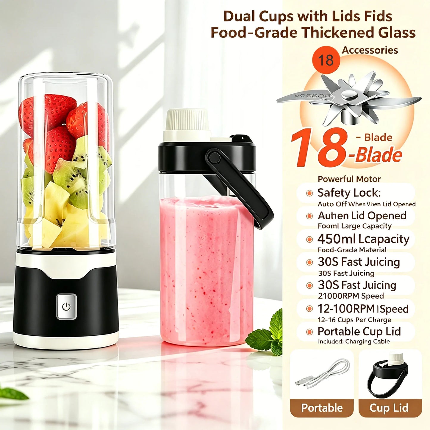 18 Blades Juicer Portable USB Blender Electric Travel 400ML Juicer Cup For Smoothie Milkshake Outdoor Kitchen Mini Mixer Tool
