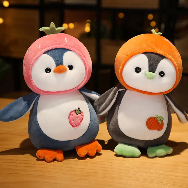 1PC Kawaii Cartoon Penguin Plush Toy Soft Doll Dress up Strawberry Orange Kids Plushie Girls Gift
