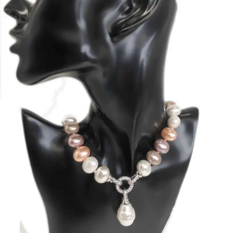 Luxury style Cultured 12-15m White Potato Freshwater Pearl Necklace Cz Pave Shell Pearl Pendant Weddding