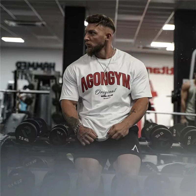 Men's White Oversized Gym T-Shirt, Agongym Bold Letter Graphic Print, Casual Workout Streetwear Tee for Lifting