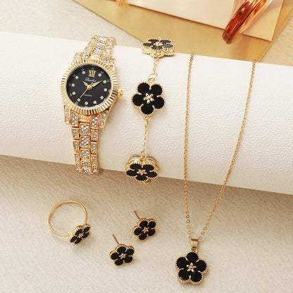 Luxury Gold Crystal Watch Black Clover Jewelry Set | Round Dial | 5-Piece Floral Gift Set for Women