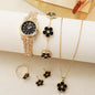 Luxury Gold Crystal Watch Black Clover Jewelry Set | Round Dial | 5-Piece Floral Gift Set for Women