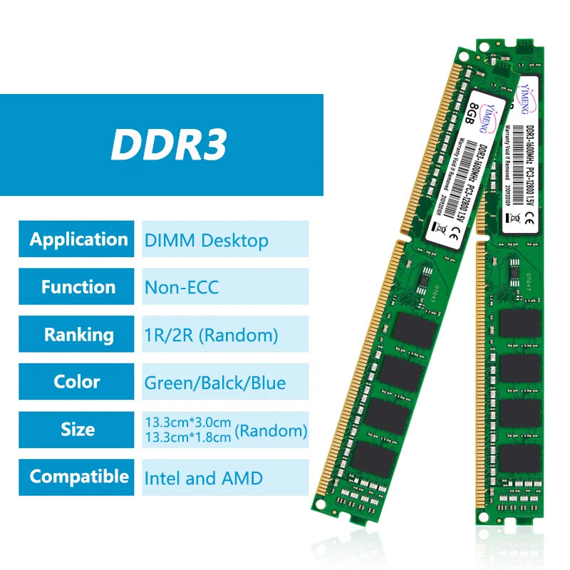 DDR3 2GB 4GB 8GB Desktop Memoria Ram PC3 1.5V 1066 1333 1600 1866Mhz Non-ECC Unbuffered 8500 10600 12800 204Pin DIMM Memory Ram