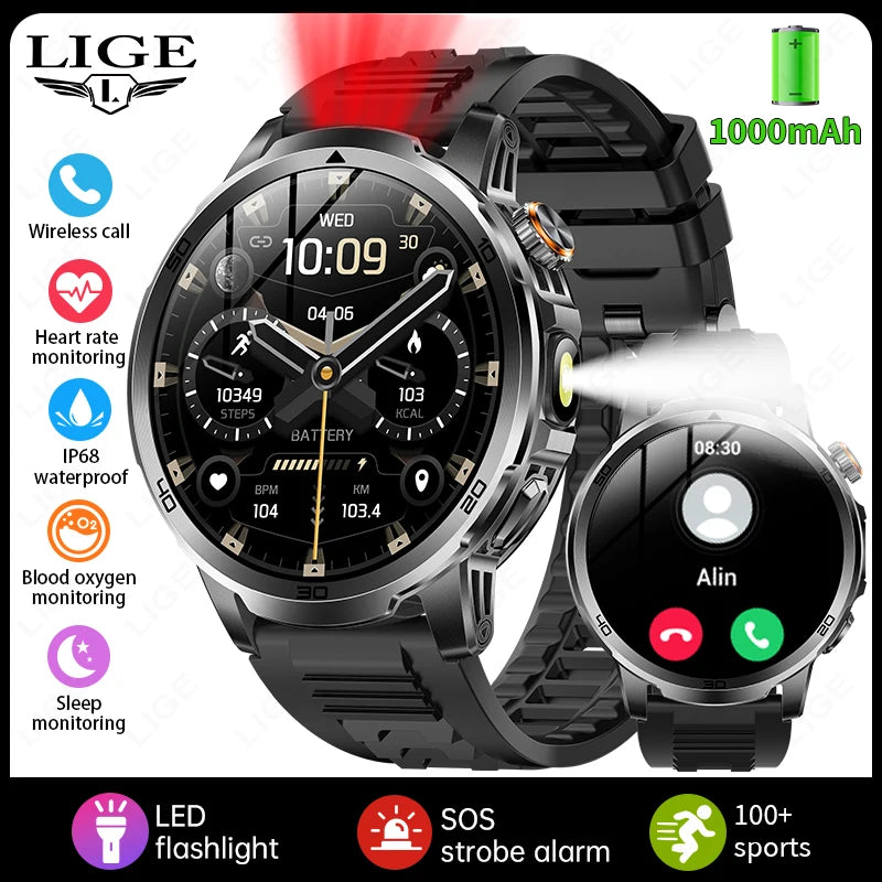 LIGE Nowy Wojskowy Zewnętrzny Inteligentny Zegarek 1,85" AMOLED Bateria 1000mAh 5ATM Wodoodporny Rozmowy Głosowe Sportowa Męska Opaska Fitness