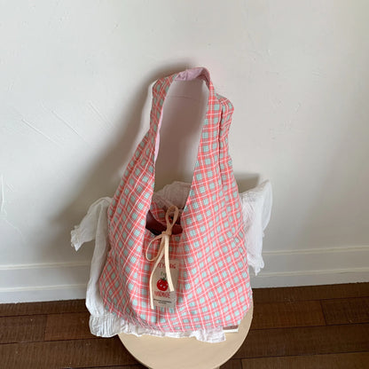 Cartoon Tomato Standard Plaid Vest Bag Large-Capacity Student Class Double-sided Backpack Fashionable Versatile Shoulder Bag