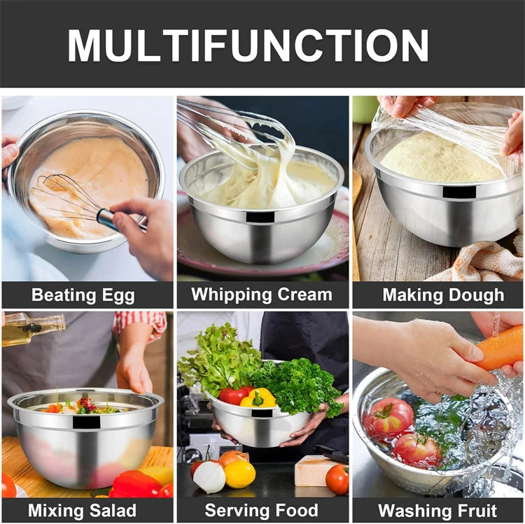LMETJMA 6 Pcs Stainless Steel Mixing Bowls with Black Lids Kitchen Nesting Salad Mixing Bowl With Non-slip Silicone Bottom JT327