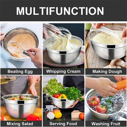 LMETJMA 6 Pcs Stainless Steel Mixing Bowls with Black Lids Kitchen Nesting Salad Mixing Bowl With Non-slip Silicone Bottom JT327