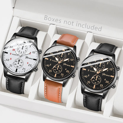 3PCS Fashion Men Business Watches Set Trend Versatile Retro Leather Strap Round Dial Quartz Watch Reloj Hombre（Without Box）