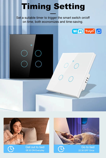 Tuya Smart Wifi Light Switch No Neutral Wire Touch Panel EU 1/2/3 Gang Wall Switch Wireless Control Voice Control Alexa Google