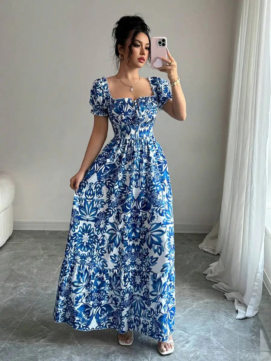 Elegant Women's Floral Print Bubble Sleeve Dress, Blue Long Dress, Front Tie Back Gathered Waist, Casual Vacation