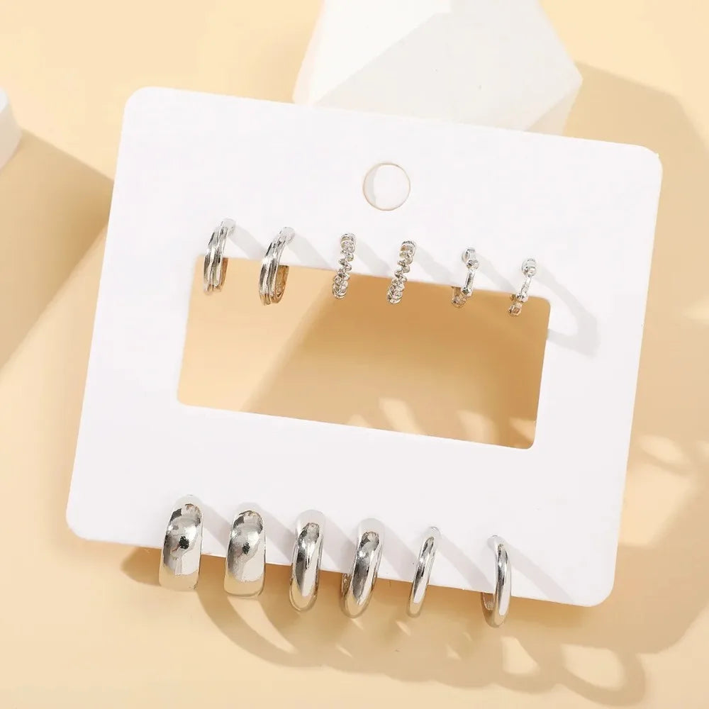 6Pcs/set Stainless Steel Crystal Zirconia Hoop Earring for Women Metal Circle Geometric Cartilage Piercing Earrings Set Jewelry