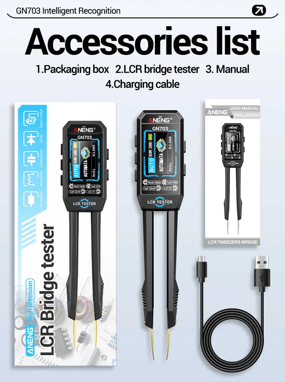 ANENG GN703 Smart Tweezers LCR Meter Professional SMD ESR Test Capacitance Resistance Inductance Digital LCR Bridge Calibration
