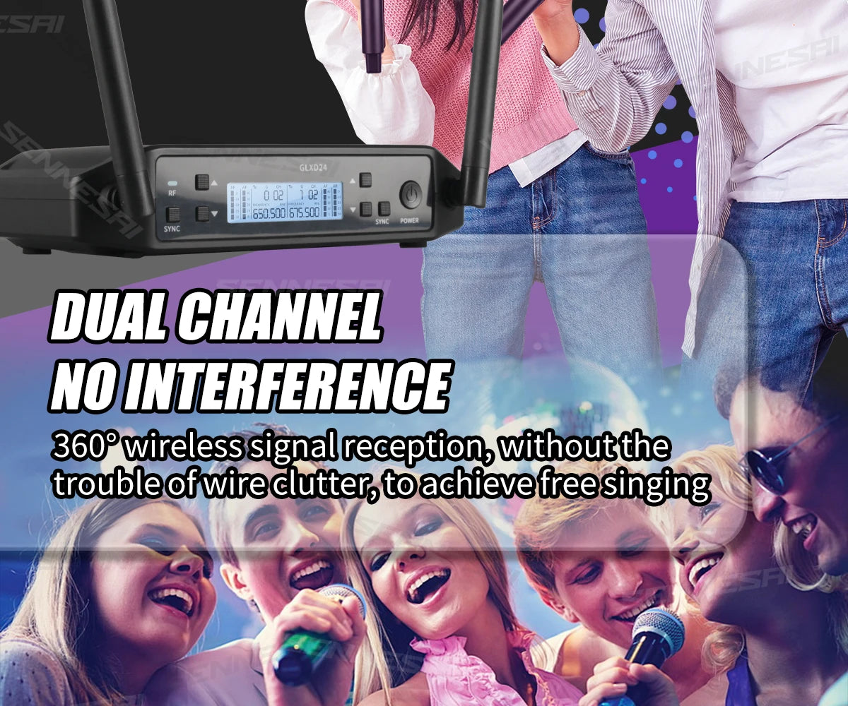 SENNESAI GLXD24 B58 Professional Dual Wireless Microphone 600-699MHz System Stage Performances UHF Dynamic 2 Channel Handheld