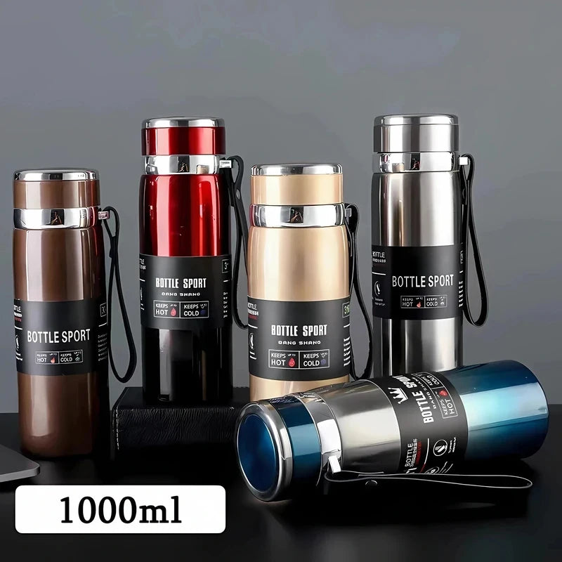 Portable 1L Stainless Steel Vacuum Flask, Insulated Water Thermos for Hot/Cold Coffee, Tea & Beverages