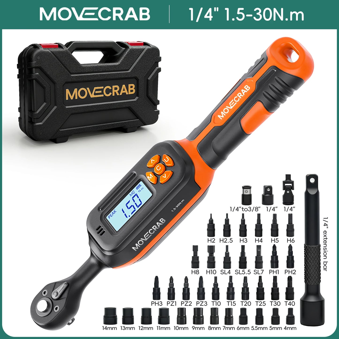 MOVECRAB Series Digital Torque Wrench 1.5-340N.m 2% Accuracy Preset Values with Buzzer, LED Flash & HandleVibration Notification