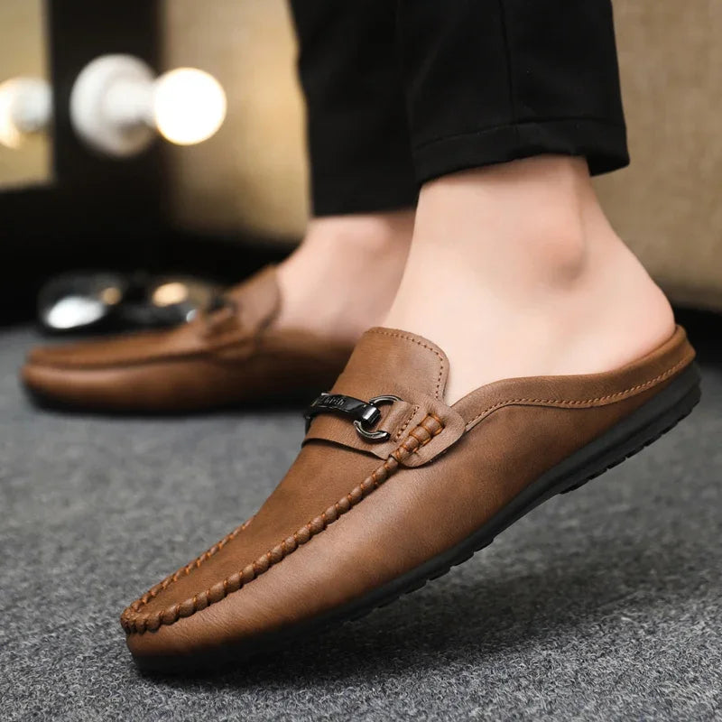 Summer Half Shoes For Men Comfortable Leather Casual Shoes Soft Flat Men's Loafers Lightweight Slip-on Shoes Man Daily Slippers