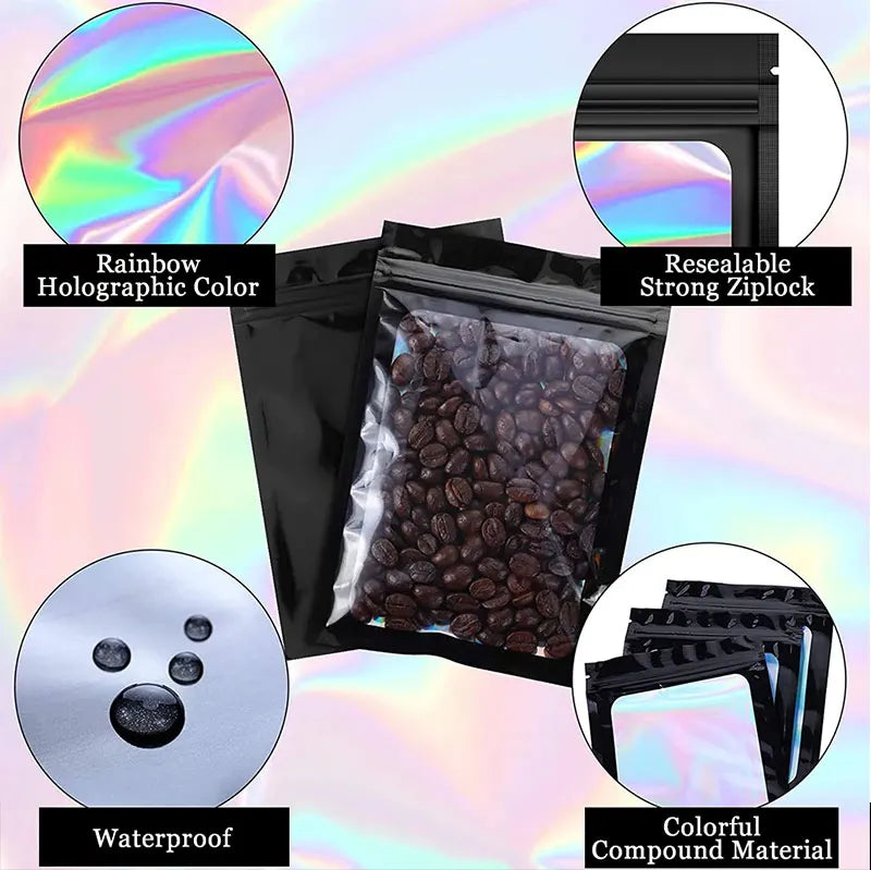 Ziplock Bags 100PCS Holographic Bag Zip Lock Gift Bags Plastic Iridescent Storage Zip Packaging Bags for Earrings Jewelry