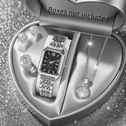 5PCS/Set Elegant Rectangle Women Watches Fashion Roma Dial Ladies Quartz Wristwatch Rhinestone Jewelry Set（Without Box）