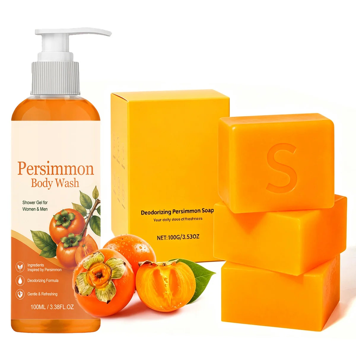 Persimmon Soap Bar and Persimmon Body Wash for Body Odor Control Natural Fruity Aroma Shower Cleanse Gel Bath Soap for Women&Men