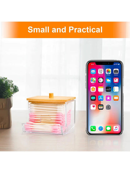 1 Household Cotton Swab Storage Tank, Acrylic Square Bamboo Cover Storage Box, Suitable For Bathroom, Bedroom, Transparent