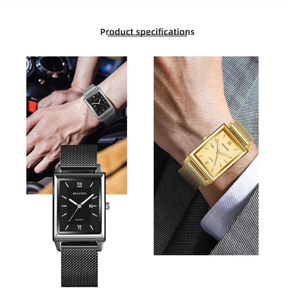 Men's Calendar Date Sport & Leisure Leather Clock 2023 Luxury Business Golden Stainless Steel Mesh Band Quartz Man Watches