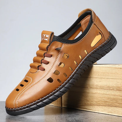 Men's Comfortable Breathable Business Hollow Loafers Slip-On Soft Bottom Sandals Easy Wear Hole Hole Shoes-HT2273