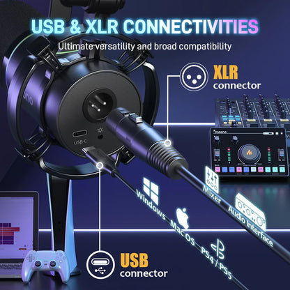 maono PD200X XLR\USB Dynamic Microphone for Gaming Recording Streaming Youtube Metal Mic with Software Tap-to-Mute Gain Knob