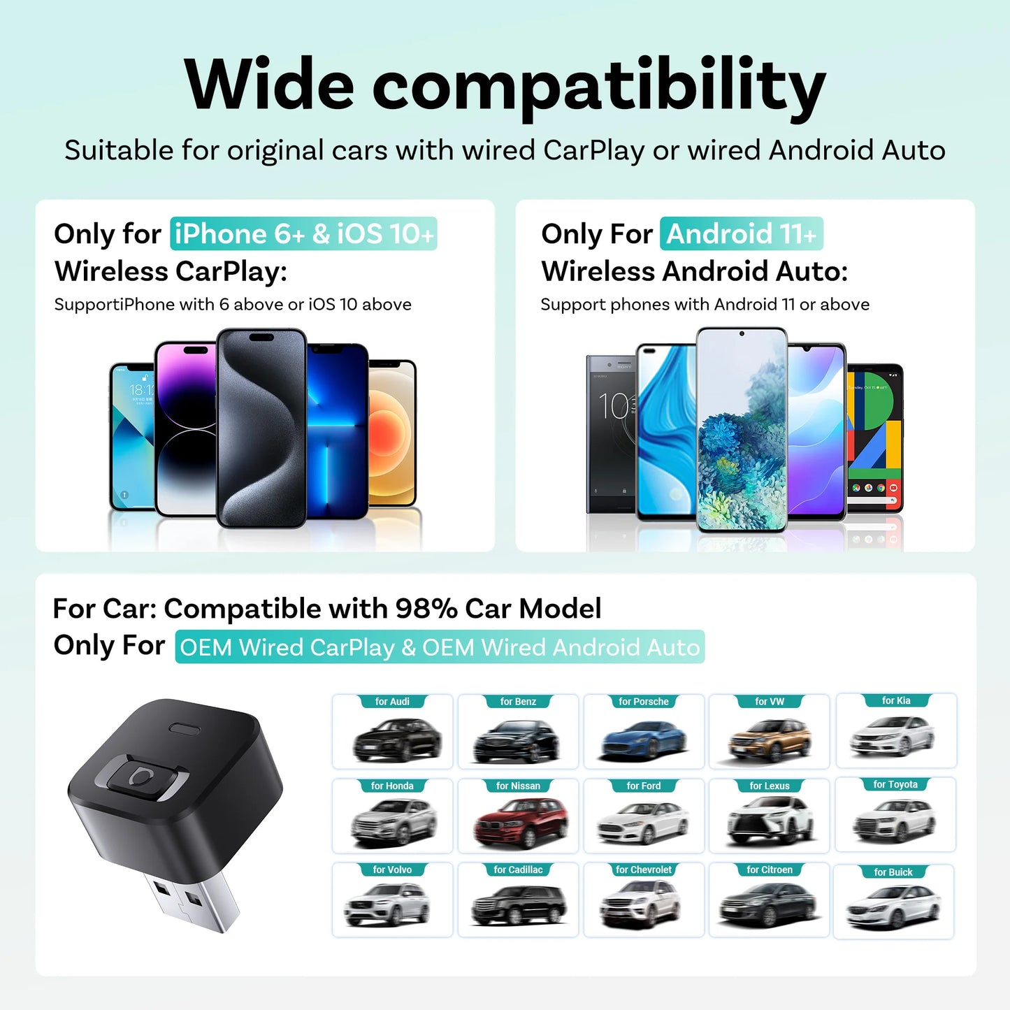 OTTOCAST Mini Dot Cube Wireless CarPlay Android Auto Adapter 2 in 1 USB AI Car Accessories for Totoya VW Benz Chevrolet Hyundai