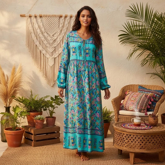 Boho Queens 2026 Women Long Sleeve Neck Tie Wild Floral Beach Bohemian Maxi Dress Ladies Rayon Holiday Boho Dresses