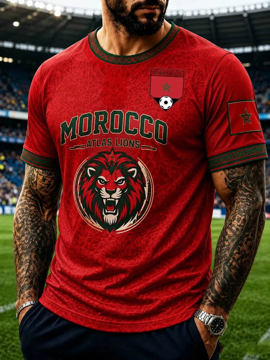 2026 Morocco Fan Football T-Shirt, Red Letter Print Quick Dry Short Sleeve Casual Sports Jersey Unisex